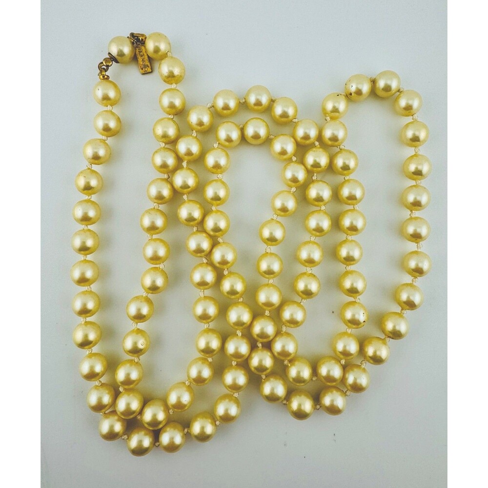 Vintage Marvella Faux Pearl Necklace 36 Inch Hand Knotted Strand Gold Tone Clasp